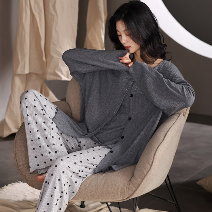 91家纺网 家纺一手货源 找家纺 春秋季新款少女纯棉长袖甜美风睡衣薄款开衫翻领设计可外穿家居服  88262