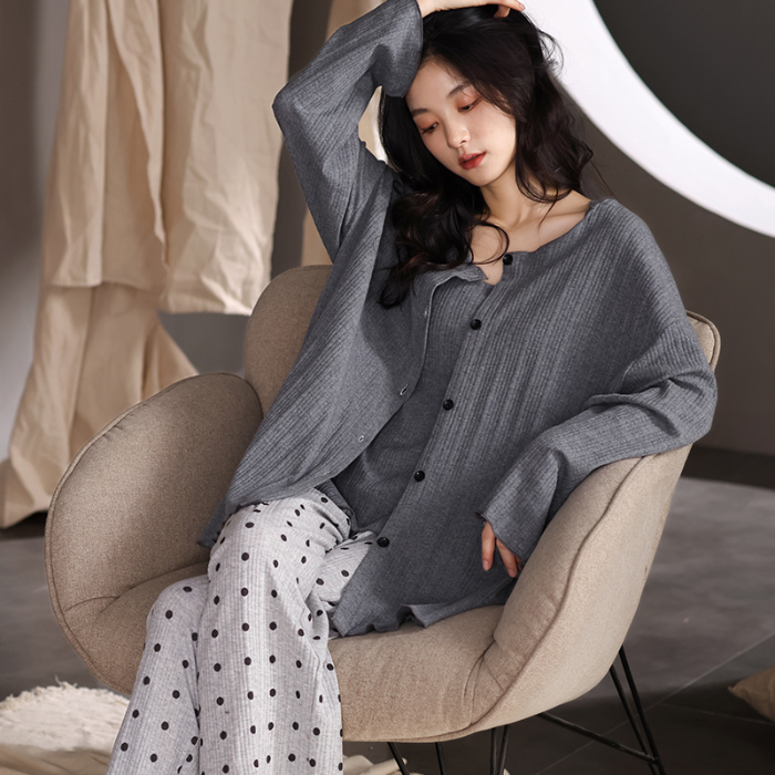 91家纺网 家纺一手货源 找家纺 春秋季新款少女纯棉长袖甜美风睡衣薄款开衫翻领设计可外穿家居服  88262