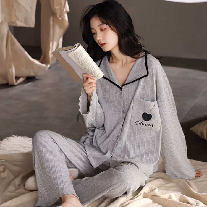 91家纺网 家纺一手货源 找家纺 春秋季新款少女纯棉长袖甜美风睡衣薄款开衫翻领设计可外穿家居服  88263