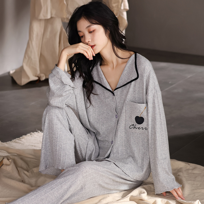 91家纺网 家纺一手货源 找家纺 春秋季新款少女纯棉长袖甜美风睡衣薄款开衫翻领设计可外穿家居服  88263