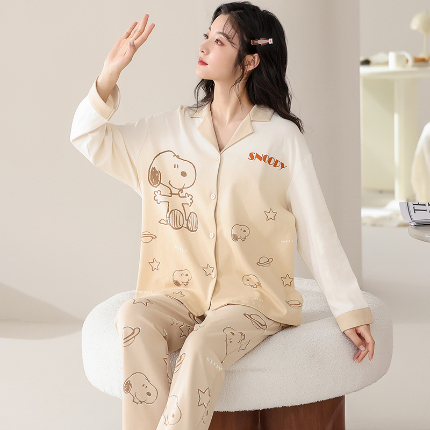 91家纺网 家纺一手货源 找家纺 （总）洛兰沙 春秋季纯棉开衫翻领睡衣少女卡通甜美长袖可外穿家居服套装