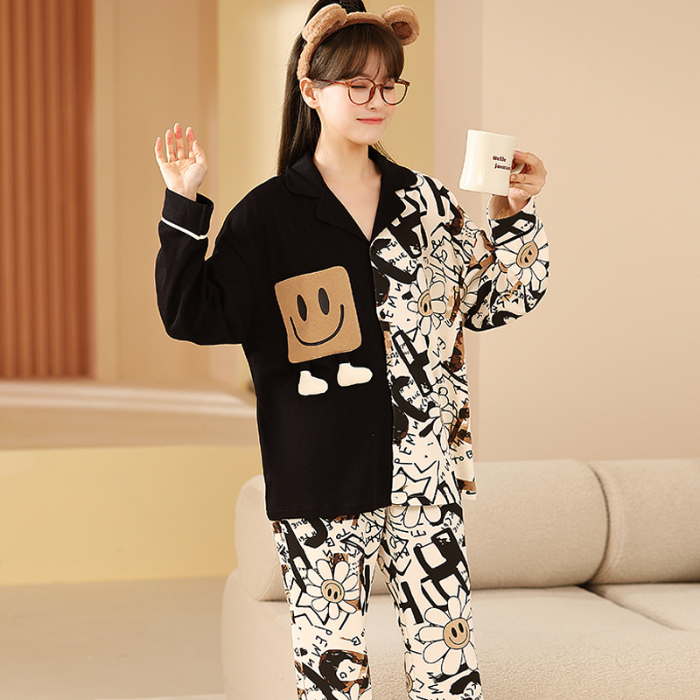 91家纺网 家纺一手货源 找家纺 洛兰沙 春秋季纯棉开衫翻领睡衣少女卡通甜美长袖可外穿家居服套装 640女