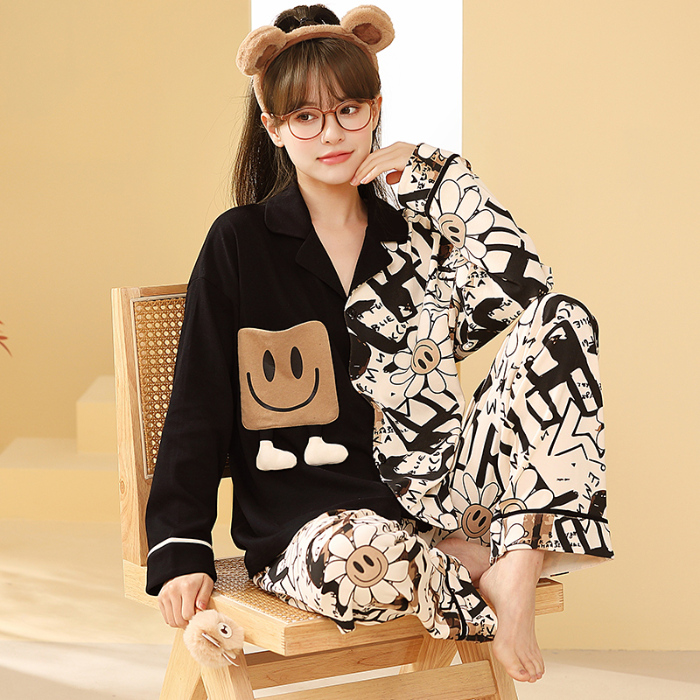 91家纺网 家纺一手货源 找家纺 洛兰沙 春秋季纯棉开衫翻领睡衣少女卡通甜美长袖可外穿家居服套装 640女