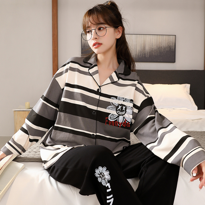 91家纺网 家纺一手货源 找家纺 洛兰沙 春秋季纯棉开衫翻领睡衣少女卡通甜美长袖可外穿家居服套装 641女