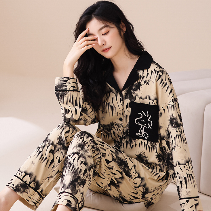 91家纺网 家纺一手货源 找家纺 洛兰沙 春秋季纯棉开衫翻领睡衣少女卡通甜美长袖可外穿家居服套装 664女