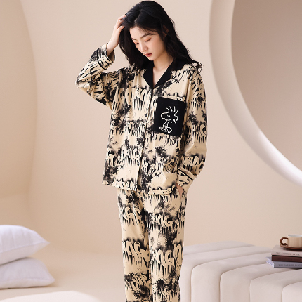 春秋季纯棉开衫翻领睡衣少女卡通甜美长袖可外穿家居服套装 664女