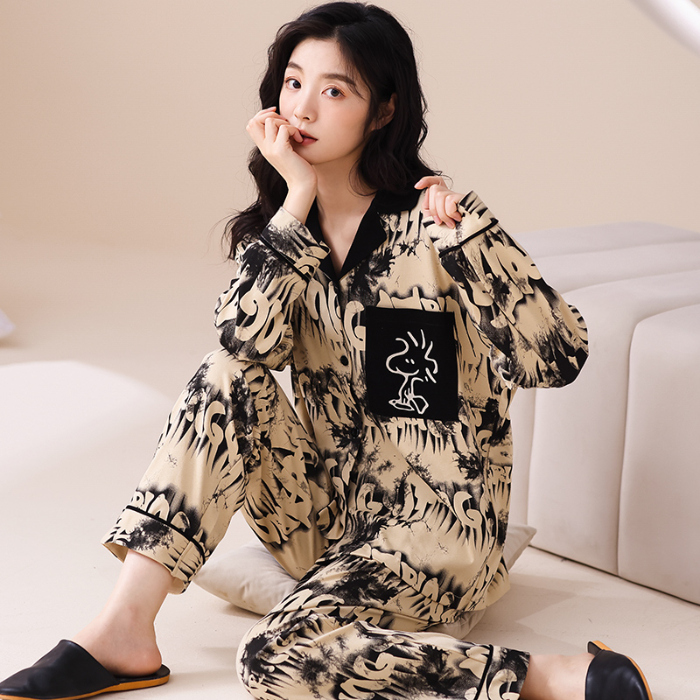 91家纺网 家纺一手货源 找家纺 洛兰沙 春秋季纯棉开衫翻领睡衣少女卡通甜美长袖可外穿家居服套装 664女