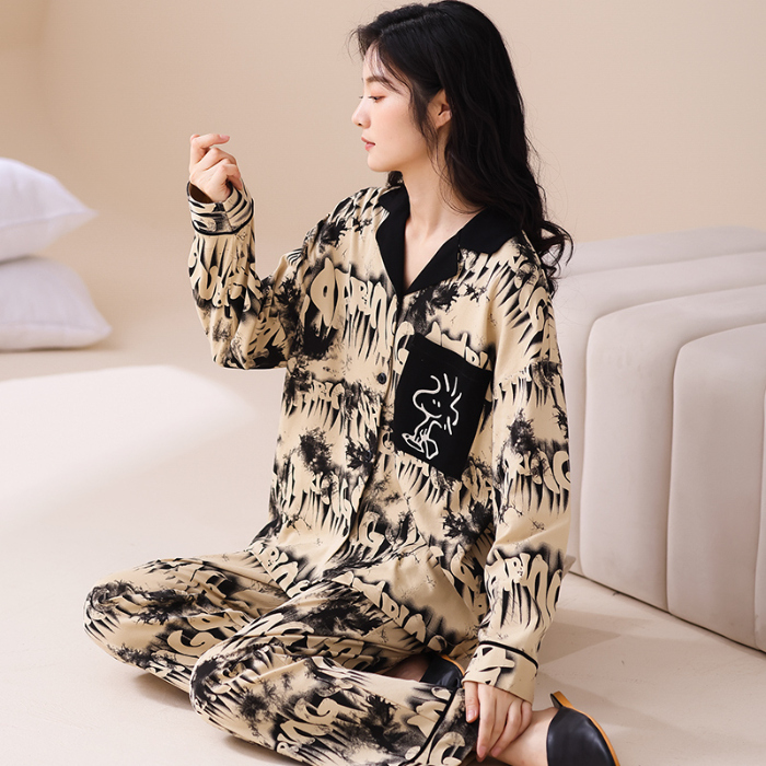 91家纺网 家纺一手货源 找家纺 洛兰沙 春秋季纯棉开衫翻领睡衣少女卡通甜美长袖可外穿家居服套装 664女