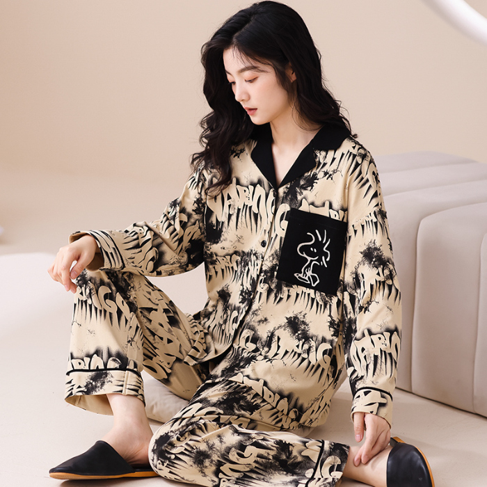 91家纺网 家纺一手货源 找家纺 洛兰沙 春秋季纯棉开衫翻领睡衣少女卡通甜美长袖可外穿家居服套装 664女