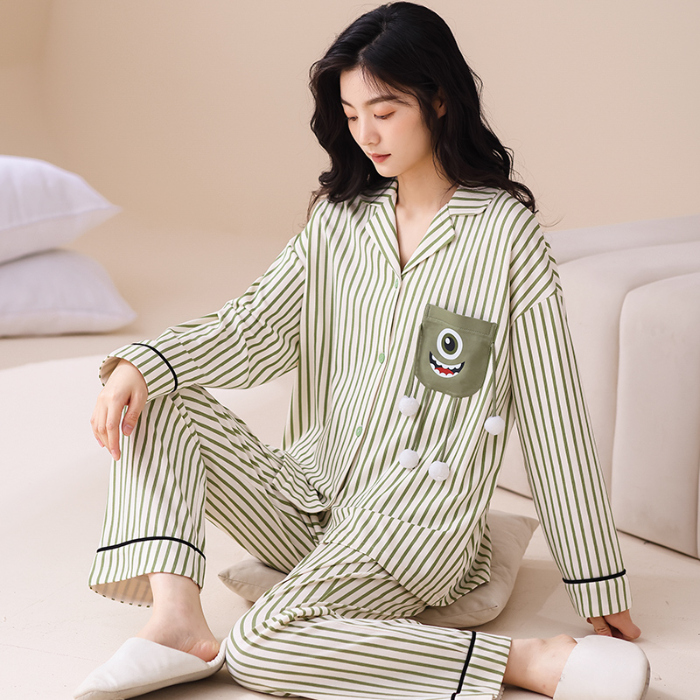 91家纺网 家纺一手货源 找家纺 洛兰沙 春秋季纯棉开衫翻领睡衣少女卡通甜美长袖可外穿家居服套装 665女