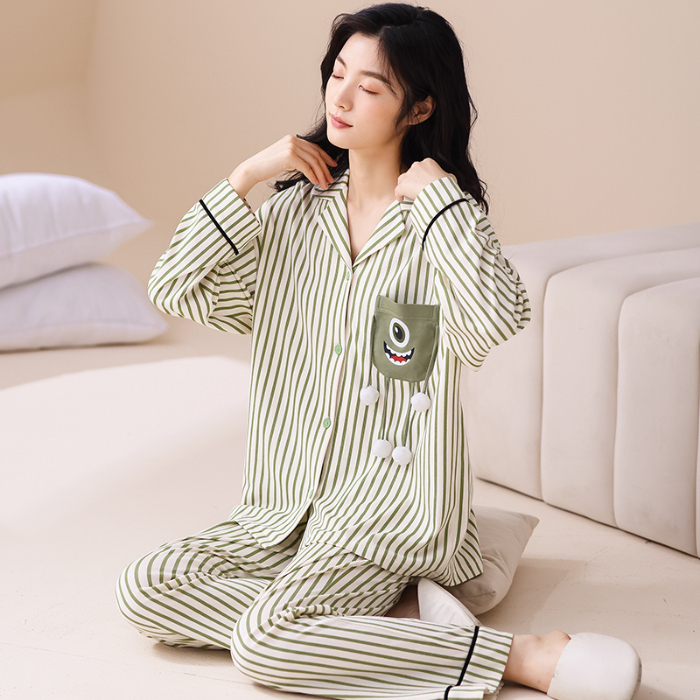 91家纺网 家纺一手货源 找家纺 洛兰沙 春秋季纯棉开衫翻领睡衣少女卡通甜美长袖可外穿家居服套装 665女