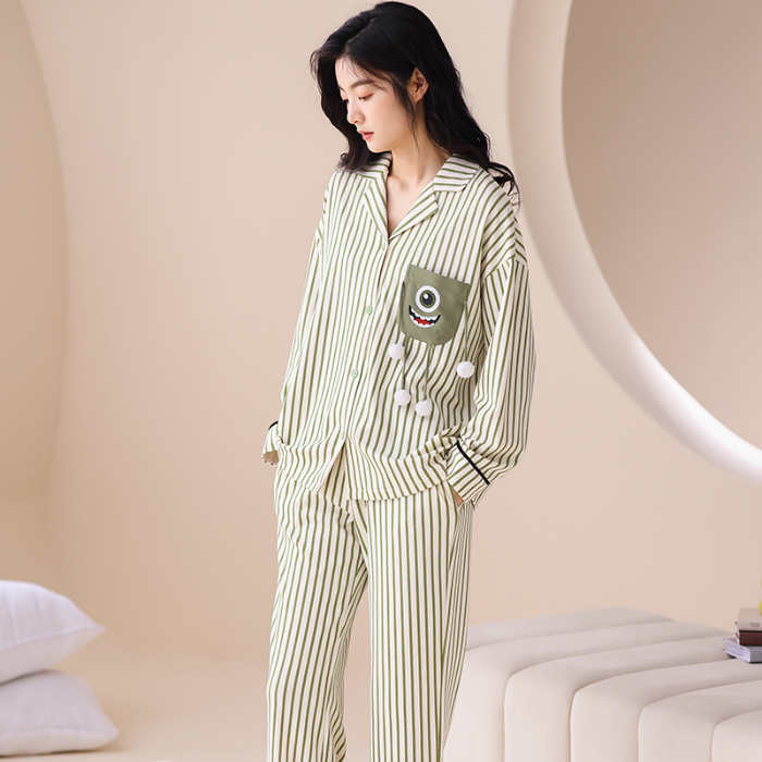 91家纺网 家纺一手货源 找家纺 洛兰沙 春秋季纯棉开衫翻领睡衣少女卡通甜美长袖可外穿家居服套装 665女