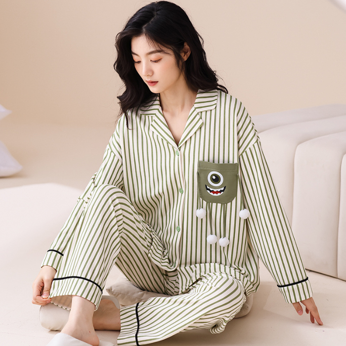 91家纺网 家纺一手货源 找家纺 洛兰沙 春秋季纯棉开衫翻领睡衣少女卡通甜美长袖可外穿家居服套装 665女