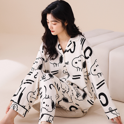 春秋季纯棉开衫翻领睡衣少女卡通甜美长袖可外穿家居服套装 667女