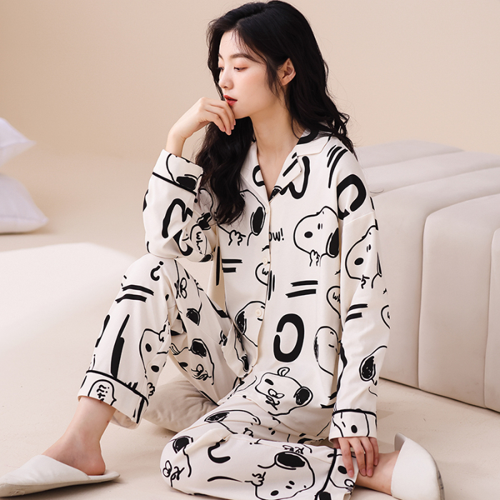 91家纺网 家纺一手货源 找家纺 洛兰沙 春秋季纯棉开衫翻领睡衣少女卡通甜美长袖可外穿家居服套装 667女