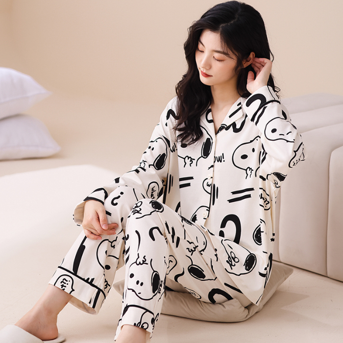 91家纺网 家纺一手货源 找家纺 洛兰沙 春秋季纯棉开衫翻领睡衣少女卡通甜美长袖可外穿家居服套装 667女