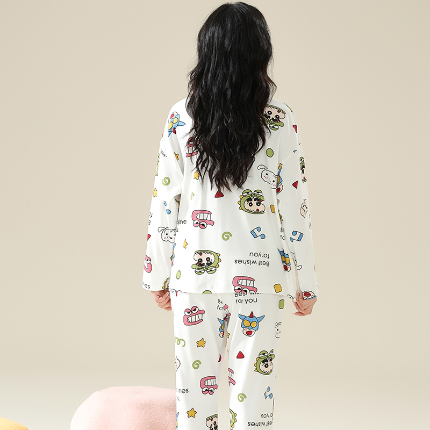 春秋季纯棉开衫翻领睡衣少女卡通甜美长袖可外穿家居服套装 681女