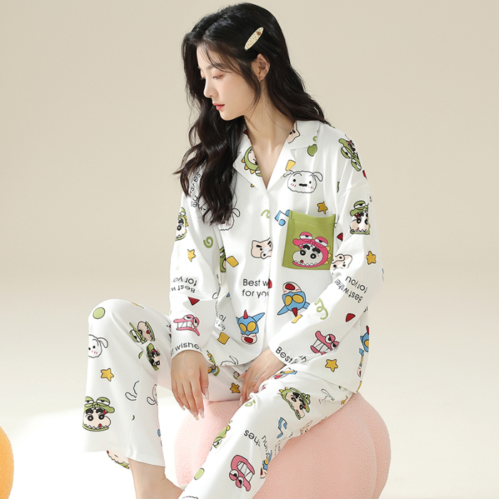 91家纺网 家纺一手货源 找家纺 洛兰沙 春秋季纯棉开衫翻领睡衣少女卡通甜美长袖可外穿家居服套装 681女