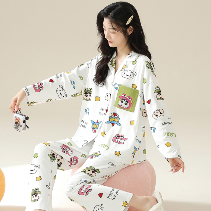 91家纺网 家纺一手货源 找家纺 洛兰沙 春秋季纯棉开衫翻领睡衣少女卡通甜美长袖可外穿家居服套装 681女