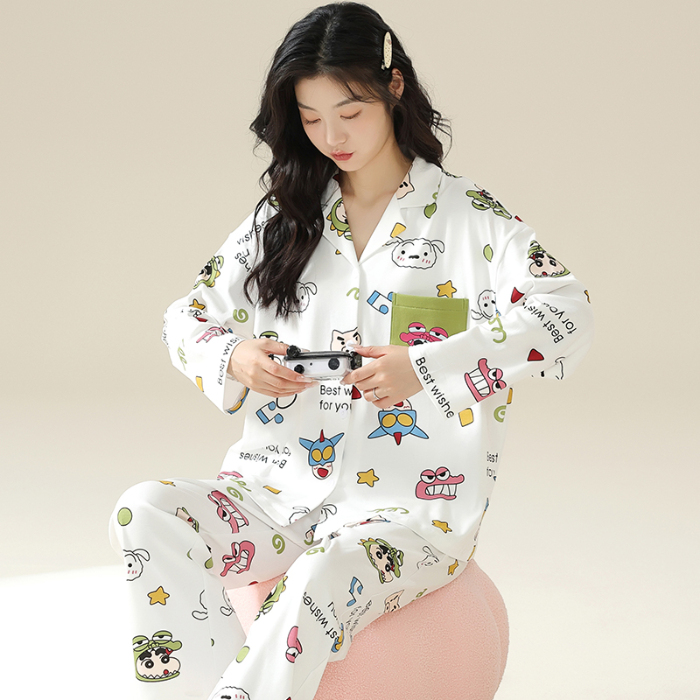 91家纺网 家纺一手货源 找家纺 洛兰沙 春秋季纯棉开衫翻领睡衣少女卡通甜美长袖可外穿家居服套装 681女