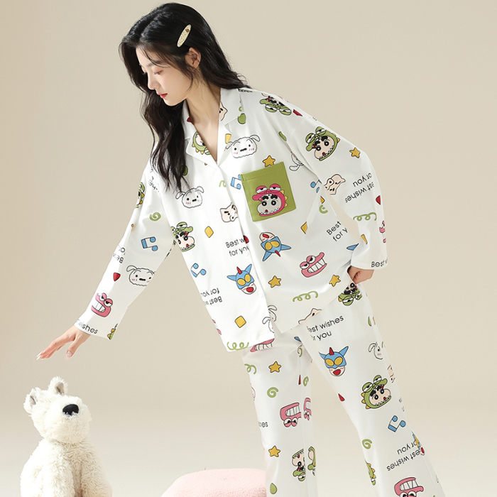 91家纺网 家纺一手货源 找家纺 洛兰沙 春秋季纯棉开衫翻领睡衣少女卡通甜美长袖可外穿家居服套装 681女