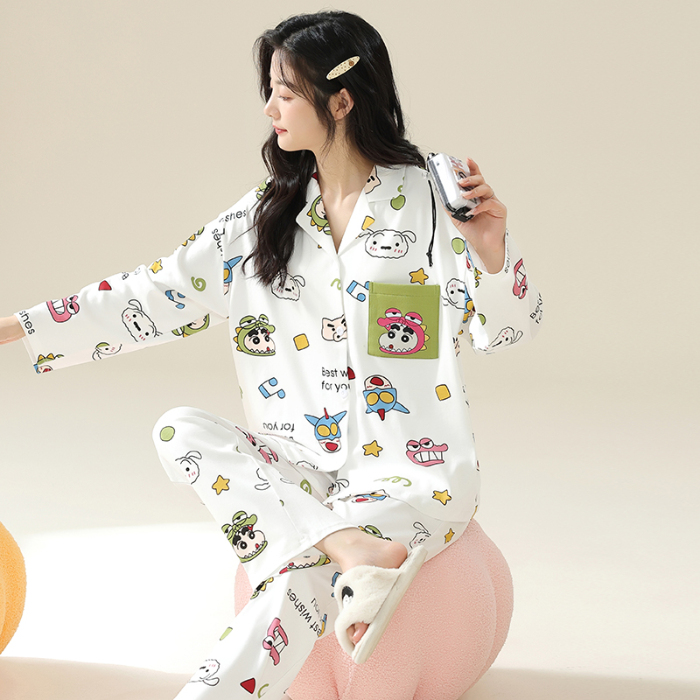 91家纺网 家纺一手货源 找家纺 洛兰沙 春秋季纯棉开衫翻领睡衣少女卡通甜美长袖可外穿家居服套装 681女