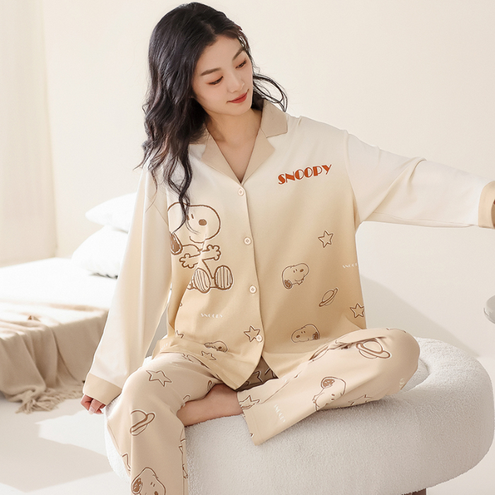 91家纺网 家纺一手货源 找家纺 洛兰沙 春秋季纯棉开衫翻领睡衣少女卡通甜美长袖可外穿家居服套装 699女