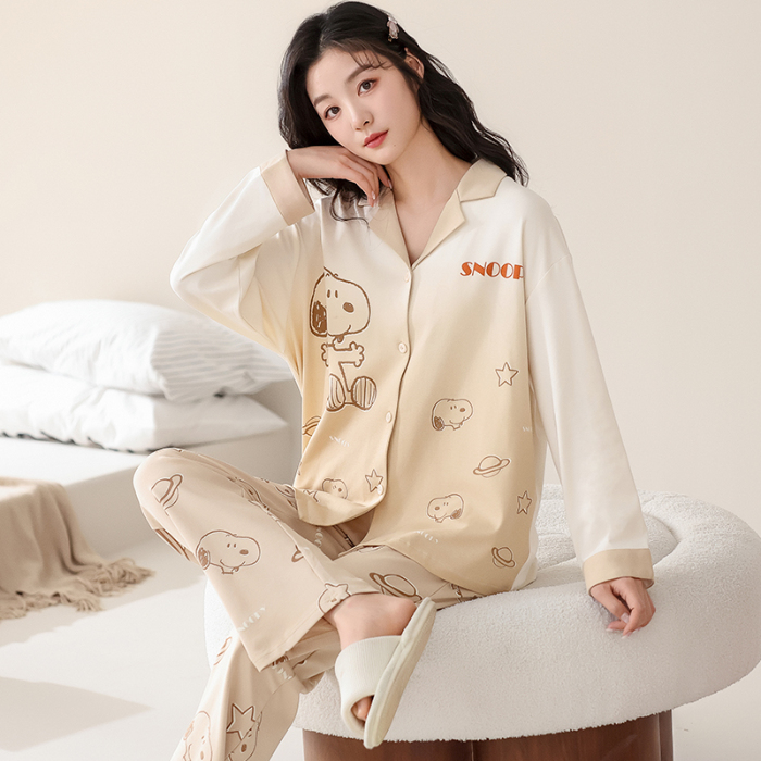 91家纺网 家纺一手货源 找家纺 洛兰沙 春秋季纯棉开衫翻领睡衣少女卡通甜美长袖可外穿家居服套装 699女