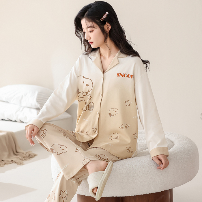 91家纺网 家纺一手货源 找家纺 洛兰沙 春秋季纯棉开衫翻领睡衣少女卡通甜美长袖可外穿家居服套装 699女