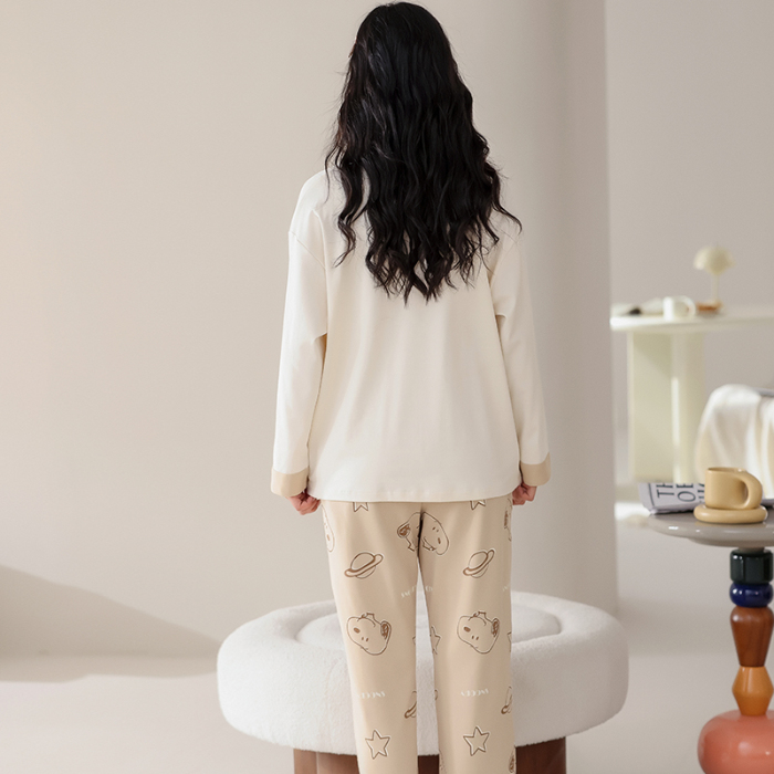 91家纺网 家纺一手货源 找家纺 洛兰沙 春秋季纯棉开衫翻领睡衣少女卡通甜美长袖可外穿家居服套装 699女