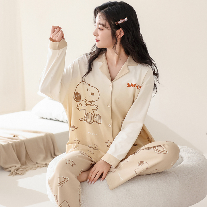 91家纺网 家纺一手货源 找家纺 洛兰沙 春秋季纯棉开衫翻领睡衣少女卡通甜美长袖可外穿家居服套装 699女