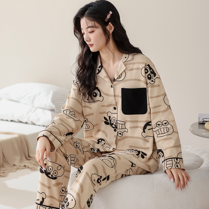 91家纺网 家纺一手货源 找家纺 洛兰沙 春秋季纯棉开衫翻领睡衣少女卡通甜美长袖可外穿家居服套装 709女