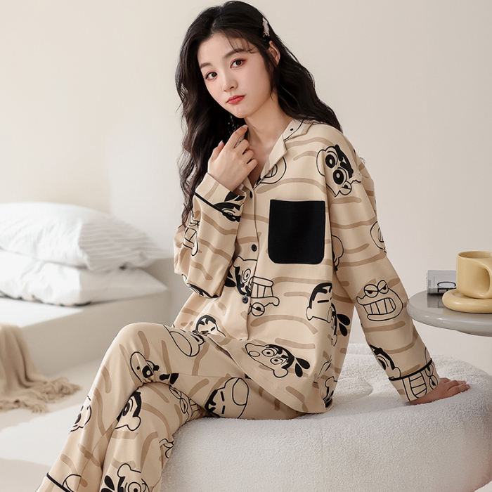 91家纺网 家纺一手货源 找家纺 洛兰沙 春秋季纯棉开衫翻领睡衣少女卡通甜美长袖可外穿家居服套装 709女