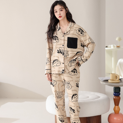 春秋季纯棉开衫翻领睡衣少女卡通甜美长袖可外穿家居服套装 709女