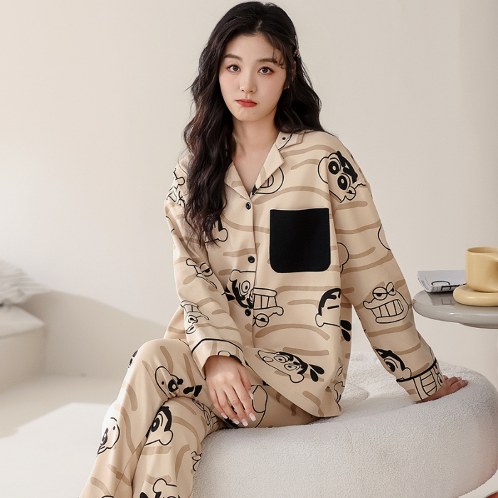 91家纺网 家纺一手货源 找家纺 洛兰沙 春秋季纯棉开衫翻领睡衣少女卡通甜美长袖可外穿家居服套装 709女