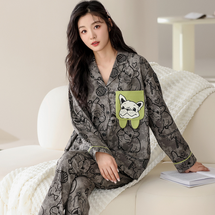 91家纺网 家纺一手货源 找家纺 洛兰沙 春秋季纯棉开衫翻领睡衣少女卡通甜美长袖可外穿家居服套装 710女