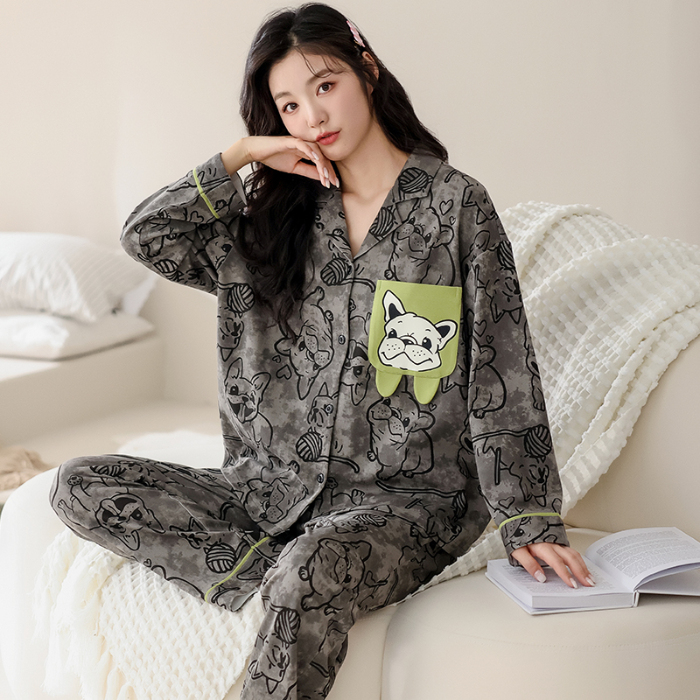 91家纺网 家纺一手货源 找家纺 洛兰沙 春秋季纯棉开衫翻领睡衣少女卡通甜美长袖可外穿家居服套装 710女