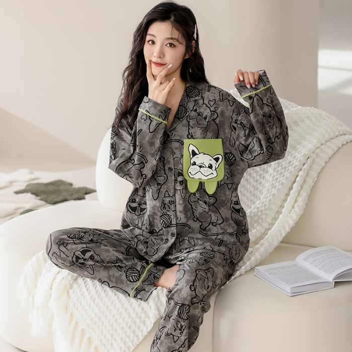 91家纺网 家纺一手货源 找家纺 洛兰沙 春秋季纯棉开衫翻领睡衣少女卡通甜美长袖可外穿家居服套装 710女