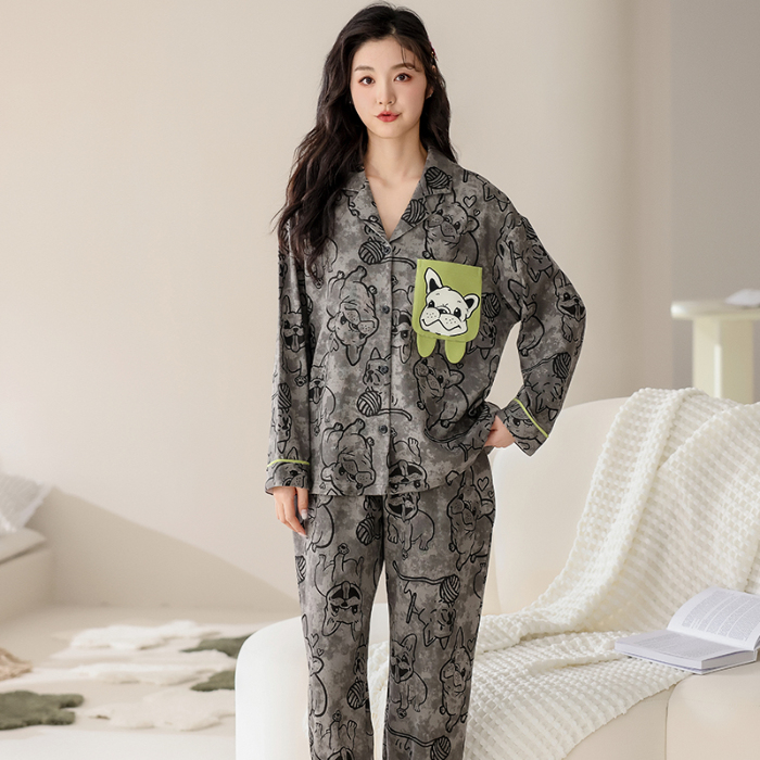 91家纺网 家纺一手货源 找家纺 洛兰沙 春秋季纯棉开衫翻领睡衣少女卡通甜美长袖可外穿家居服套装 710女