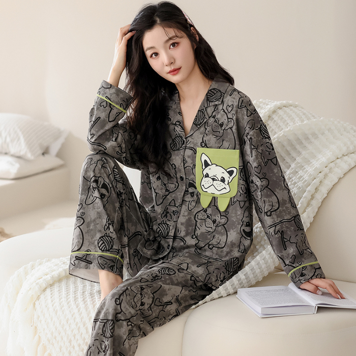 91家纺网 家纺一手货源 找家纺 洛兰沙 春秋季纯棉开衫翻领睡衣少女卡通甜美长袖可外穿家居服套装 710女