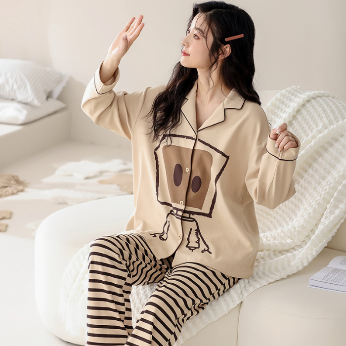 91家纺网 家纺一手货源 找家纺 洛兰沙 春秋季纯棉开衫翻领睡衣少女卡通甜美长袖可外穿家居服套装 711女