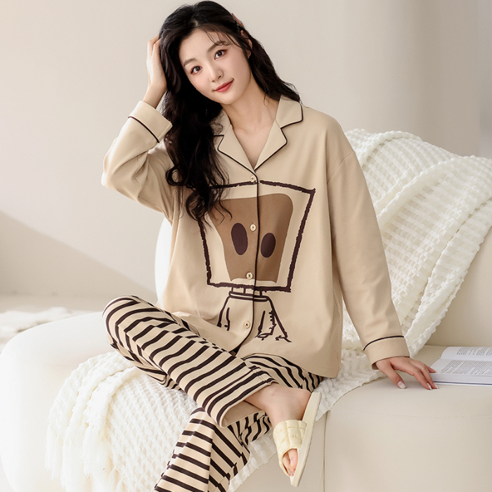 91家纺网 家纺一手货源 找家纺 洛兰沙 春秋季纯棉开衫翻领睡衣少女卡通甜美长袖可外穿家居服套装 711女