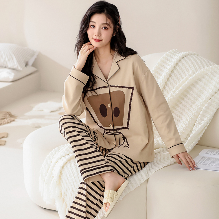 91家纺网 家纺一手货源 找家纺 洛兰沙 春秋季纯棉开衫翻领睡衣少女卡通甜美长袖可外穿家居服套装 711女