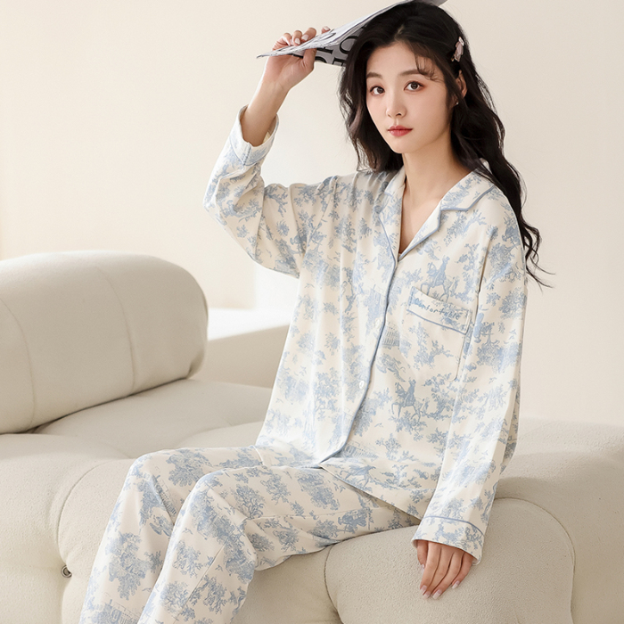 91家纺网 家纺一手货源 找家纺 洛兰沙 春秋季纯棉开衫翻领睡衣少女卡通甜美长袖可外穿家居服套装 712女