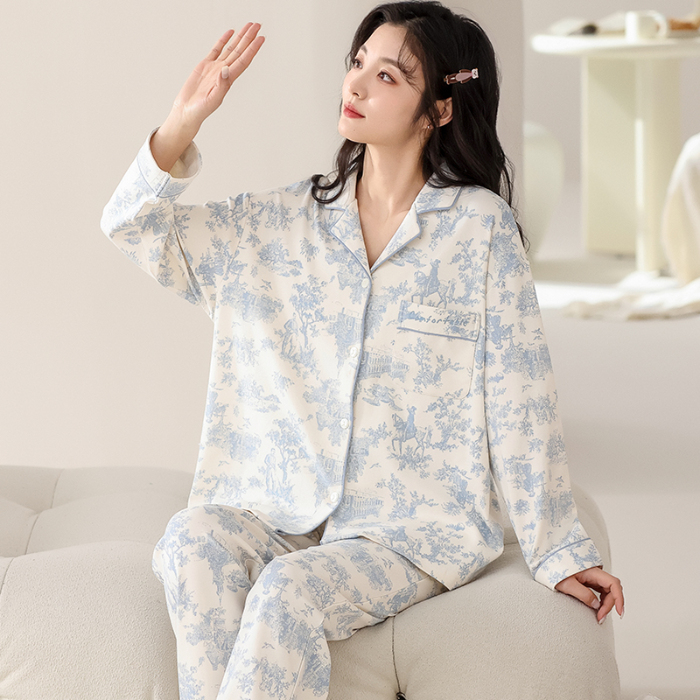 91家纺网 家纺一手货源 找家纺 洛兰沙 春秋季纯棉开衫翻领睡衣少女卡通甜美长袖可外穿家居服套装 712女