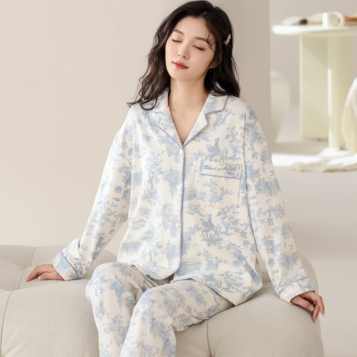 91家纺网 家纺一手货源 找家纺 洛兰沙 春秋季纯棉开衫翻领睡衣少女卡通甜美长袖可外穿家居服套装 712女