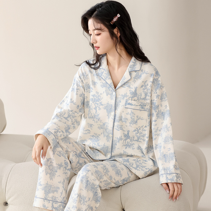 91家纺网 家纺一手货源 找家纺 洛兰沙 春秋季纯棉开衫翻领睡衣少女卡通甜美长袖可外穿家居服套装 712女