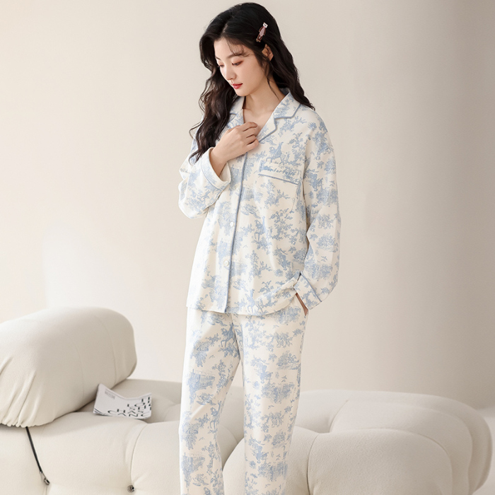 91家纺网 家纺一手货源 找家纺 洛兰沙 春秋季纯棉开衫翻领睡衣少女卡通甜美长袖可外穿家居服套装 712女