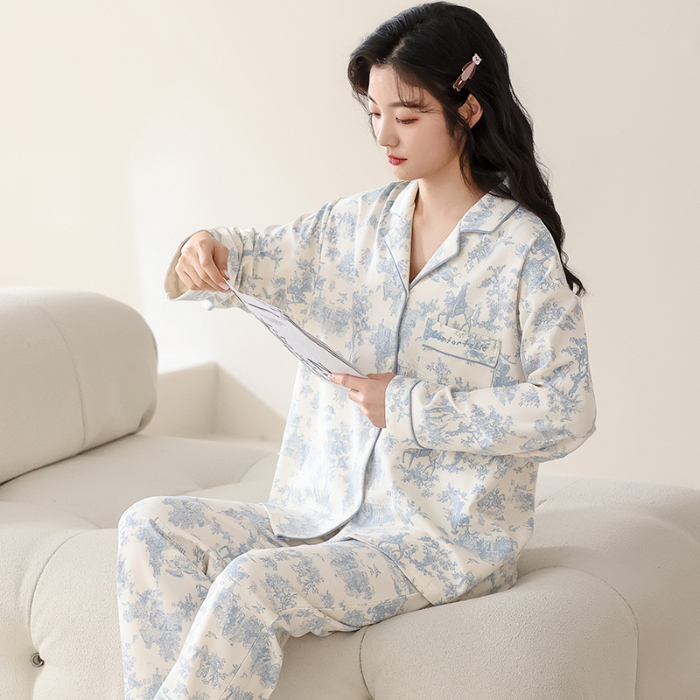 91家纺网 家纺一手货源 找家纺 洛兰沙 春秋季纯棉开衫翻领睡衣少女卡通甜美长袖可外穿家居服套装 712女