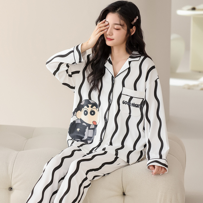 91家纺网 家纺一手货源 找家纺 洛兰沙 春秋季纯棉开衫翻领睡衣少女卡通甜美长袖可外穿家居服套装 714女